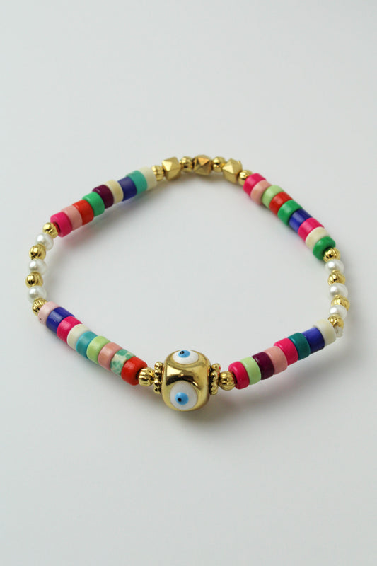 Rainbow Beaded & Gold Eye Charm Bracelet